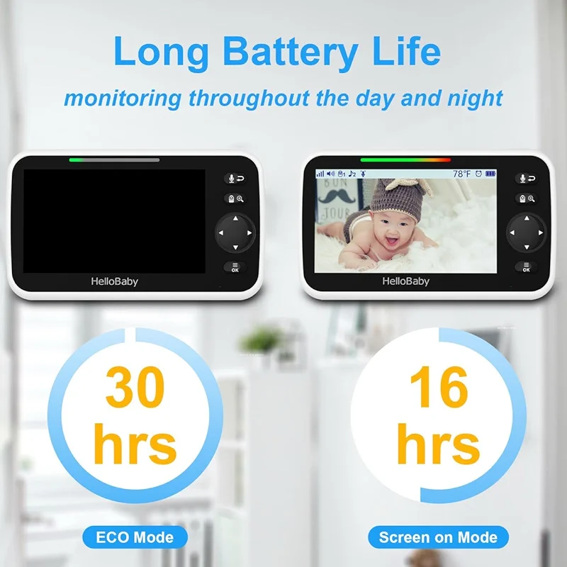 HelloBaby No WiFi Baby Monitor 5" Screen 30-Hour Battery Pan-Tilt-Zoom — image 2