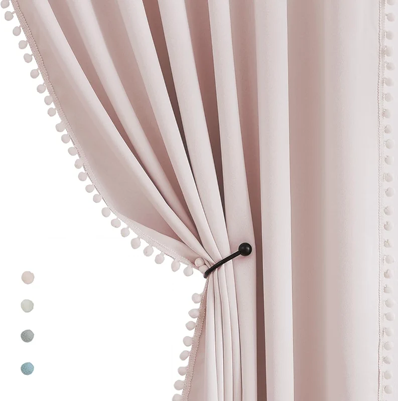 Treatmentex Pompom Blackout Curtains for Bedroom Pink Girls 84 inch Energy