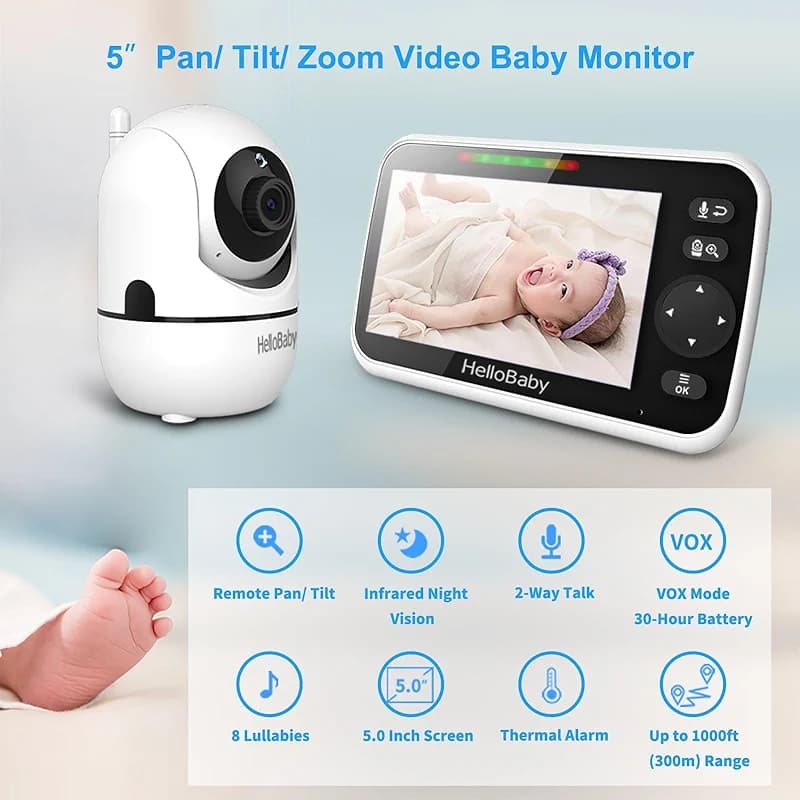 HelloBaby No WiFi Baby Monitor 5" Screen 30-Hour Battery Pan-Tilt-Zoom